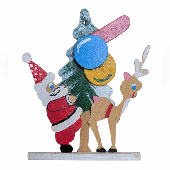 Vintage Schmidt Emgee Playful Santa Reindeer Christmas Ornament Wooden Painted - Picture 3 of 7